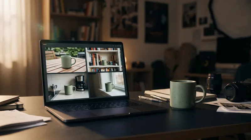 Laptop di meja gelap menampilkan empat gambar mug keramik hijau sage dalam latar berbeda, dengan mug aslinya berdiri di samping laptop