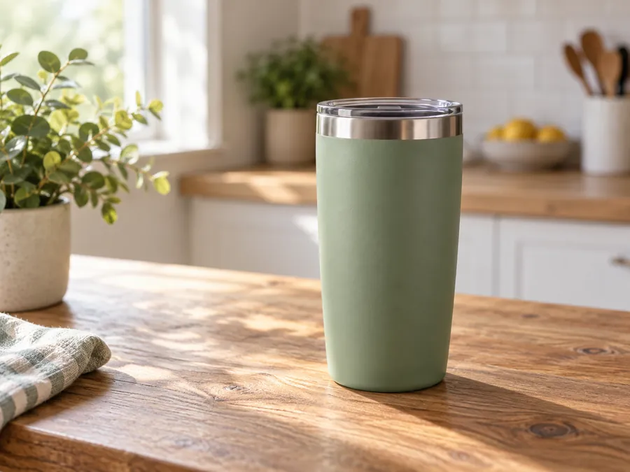Hasil ChatGPT: tumbler hijau sage di meja kayu dengan pot tanaman dan serbet kotak-kotak, dapur putih buram di belakang, cahaya jendela dari kiri