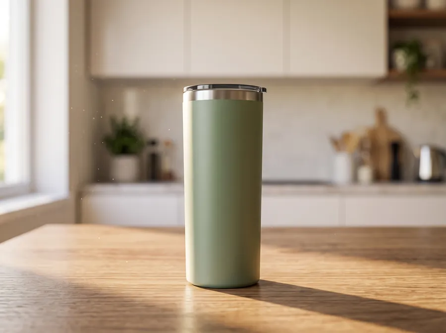 Hasil Gemini: tumbler hijau sage berdiri tegak di meja kayu, dapur putih buram di belakang, cahaya jendela dari kiri, kamera sejajar mata