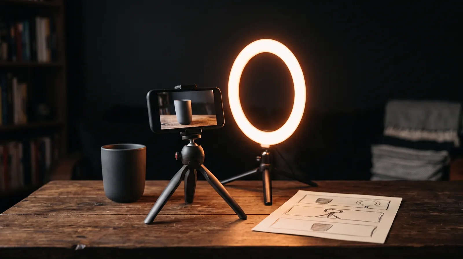 Ponsel di tripod kecil merekam gelas keramik hitam di meja kayu, dengan ring light menyala jingga dan lembar storyboard sketsa di sampingnya