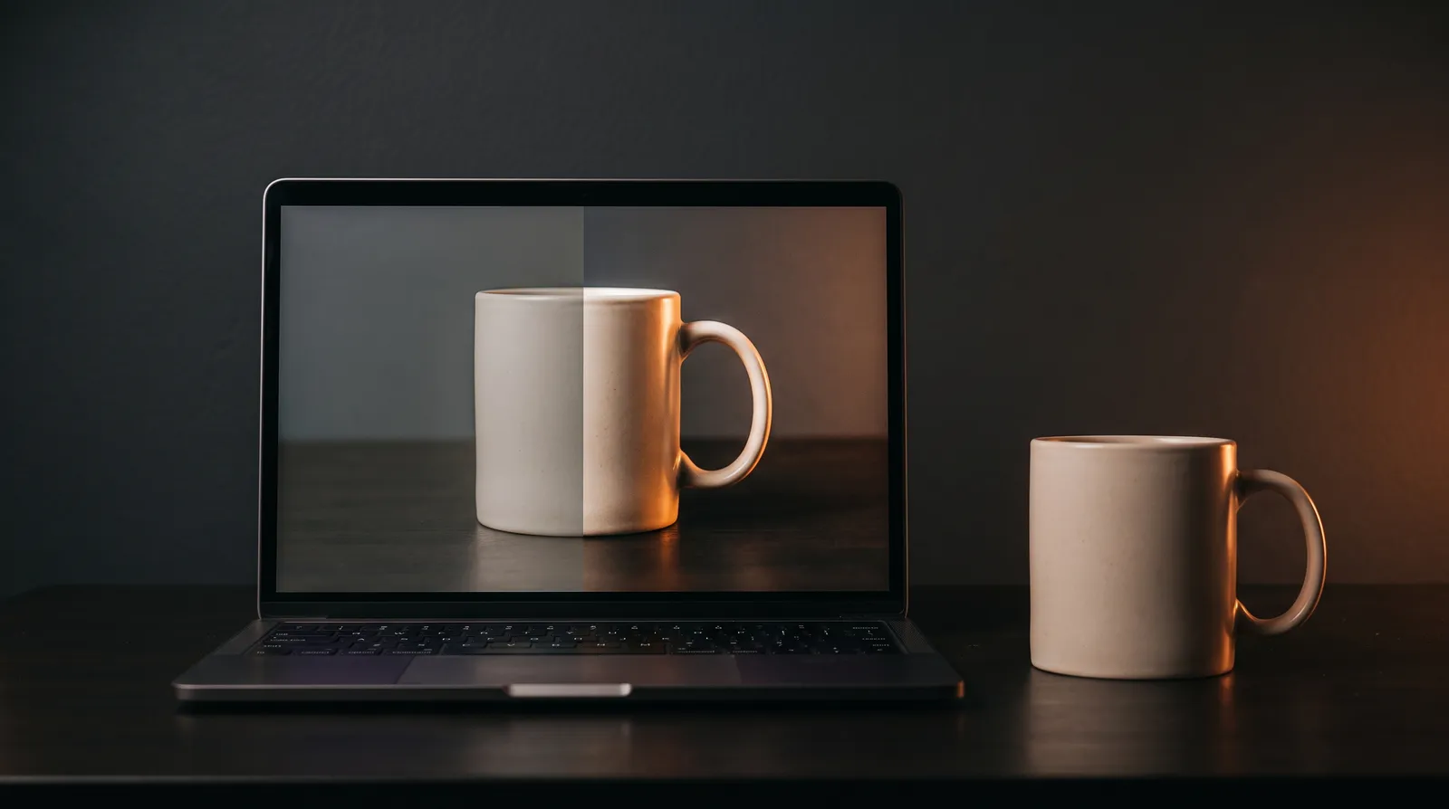 Laptop di meja gelap menampilkan foto mug keramik polos yang dibelah dua, sisi kiri redup dan sisi kanan cerah, dengan mug aslinya berdiri di samping laptop