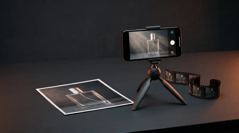 Foto cetak botol parfum kaca polos di meja gelap, di sampingnya ponsel di tripod kecil menampilkan botol yang sama dengan cahaya bergerak dan potongan film berisi frame botol