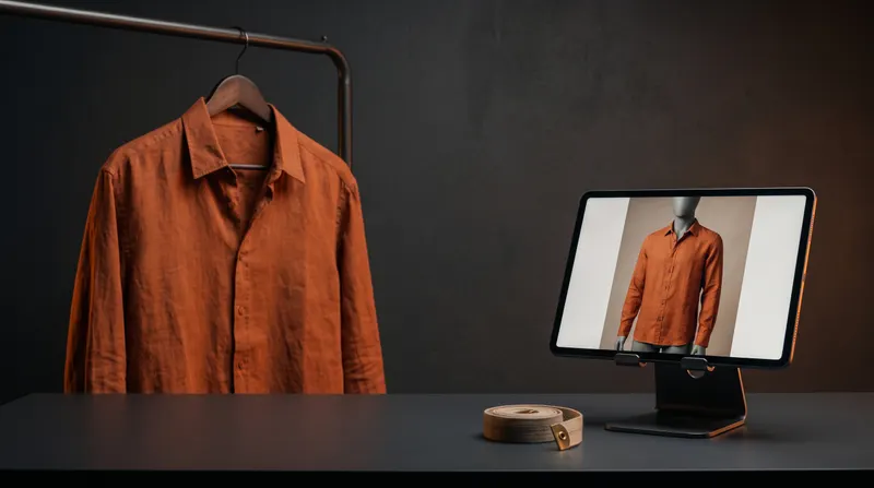 Kemeja linen jingga polos di gantungan kayu pada rel gelap, di sebelah kanan tablet menampilkan kemeja yang sama dikenakan manekin abu-abu tanpa wajah, meteran kain tergulung di meja
