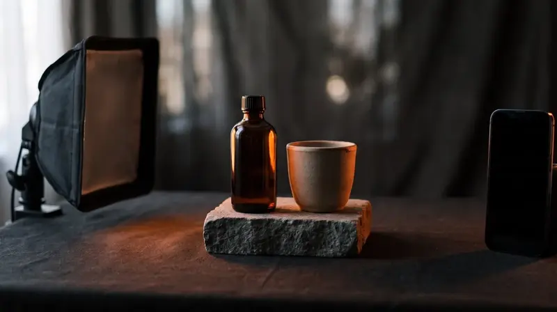Botol kaca amber tanpa merek dan cangkir keramik di atas balok batu, diterangi softbox dengan aksen cahaya jingga, ponsel di sisi kanan meja