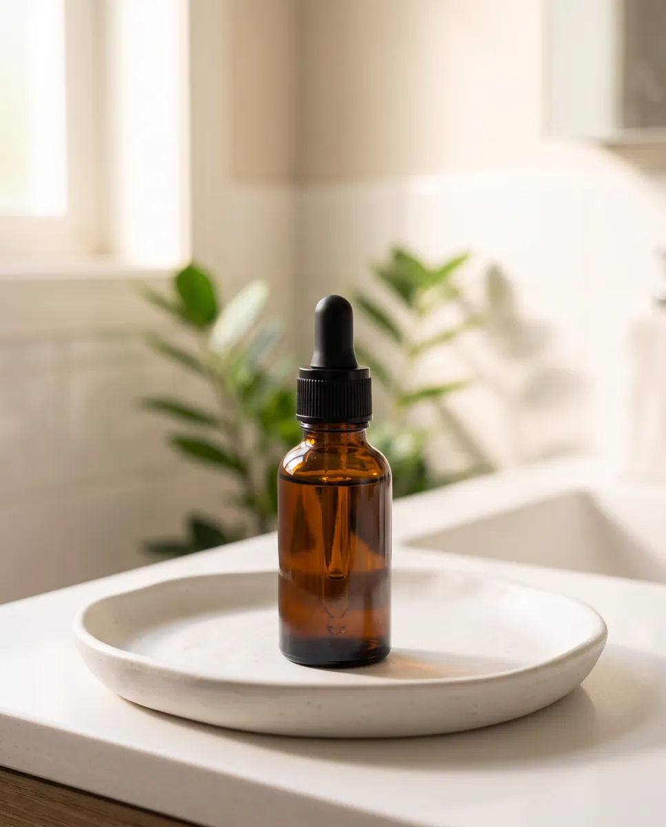 Hasil AI: botol serum kaca amber dengan tutup pipet hitam di atas nampan keramik putih, kamar mandi terang, daun hijau buram di belakang, cahaya dari jendela kiri