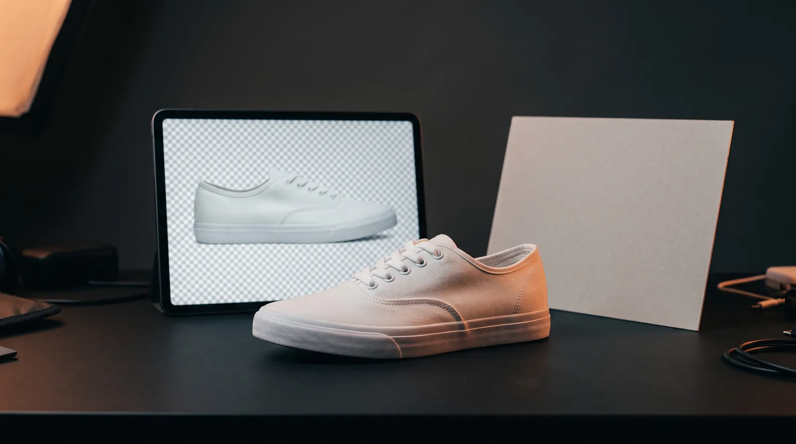 Sepatu kanvas putih polos di meja gelap, di belakangnya tablet menampilkan sepatu yang sama terpotong rapi di atas pola kotak transparan