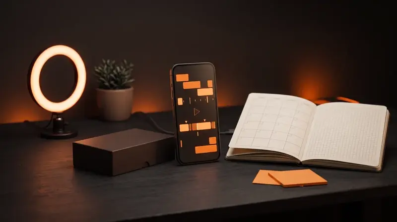 Meja kerja gelap dengan ponsel tanpa merek menampilkan timeline video berblok jingga, ring light menyala, kotak produk polos, planner mingguan terbuka, dan sticky note jingga kosong