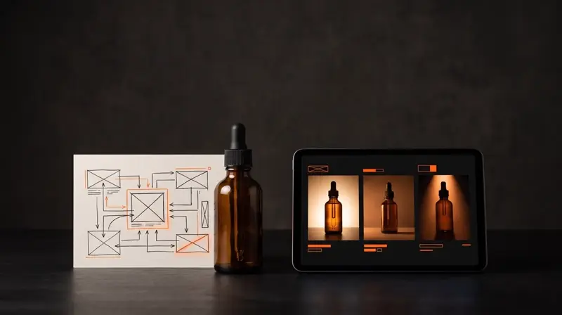 Botol serum kaca amber tanpa merek di meja gelap, di samping kartu sketsa wireframe dan tablet yang menampilkan tiga variasi pencahayaan botol yang sama