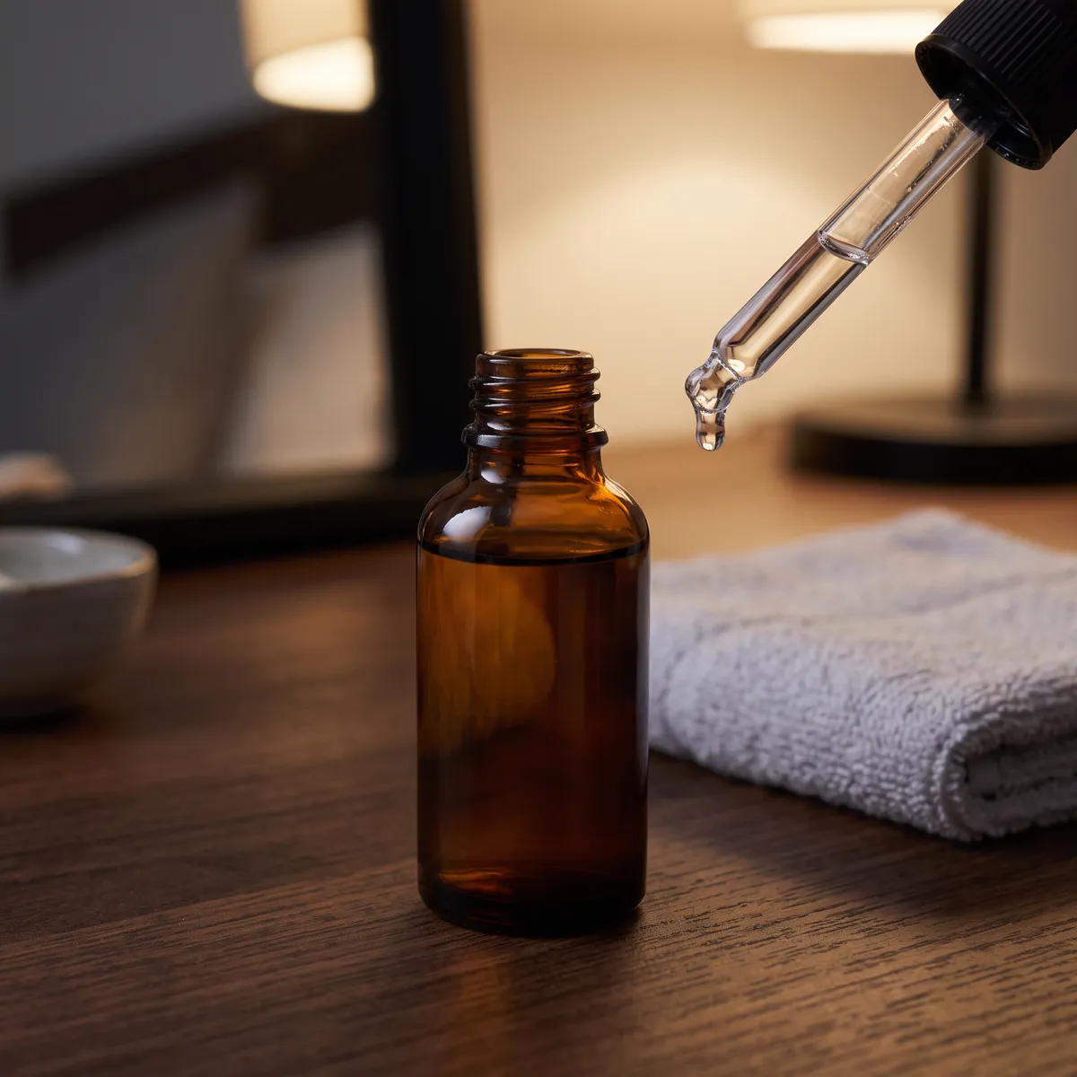 Hasil AI dari prompt enam bagian: botol serum kaca amber polos di meja rias kayu gelap, handuk putih terlipat di samping, setetes serum jatuh dari pipet
