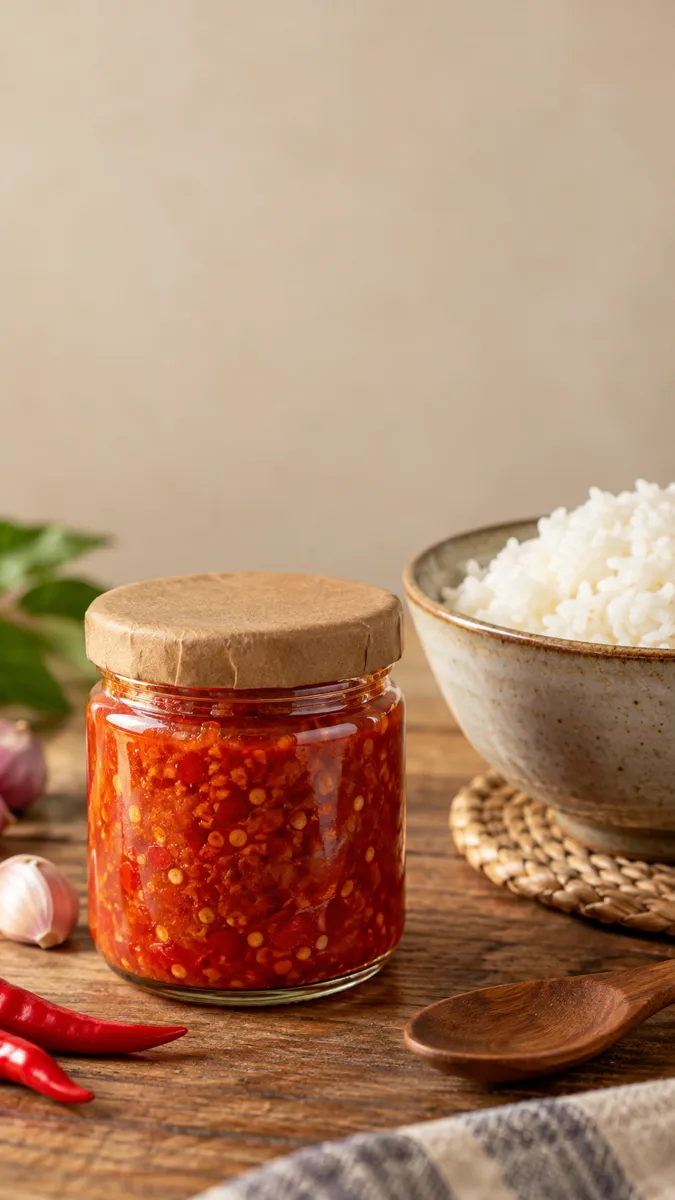 Toples kaca kecil berisi sambal merah dengan tutup kertas kraft di samping semangkuk nasi, ruang kosong di bagian atas