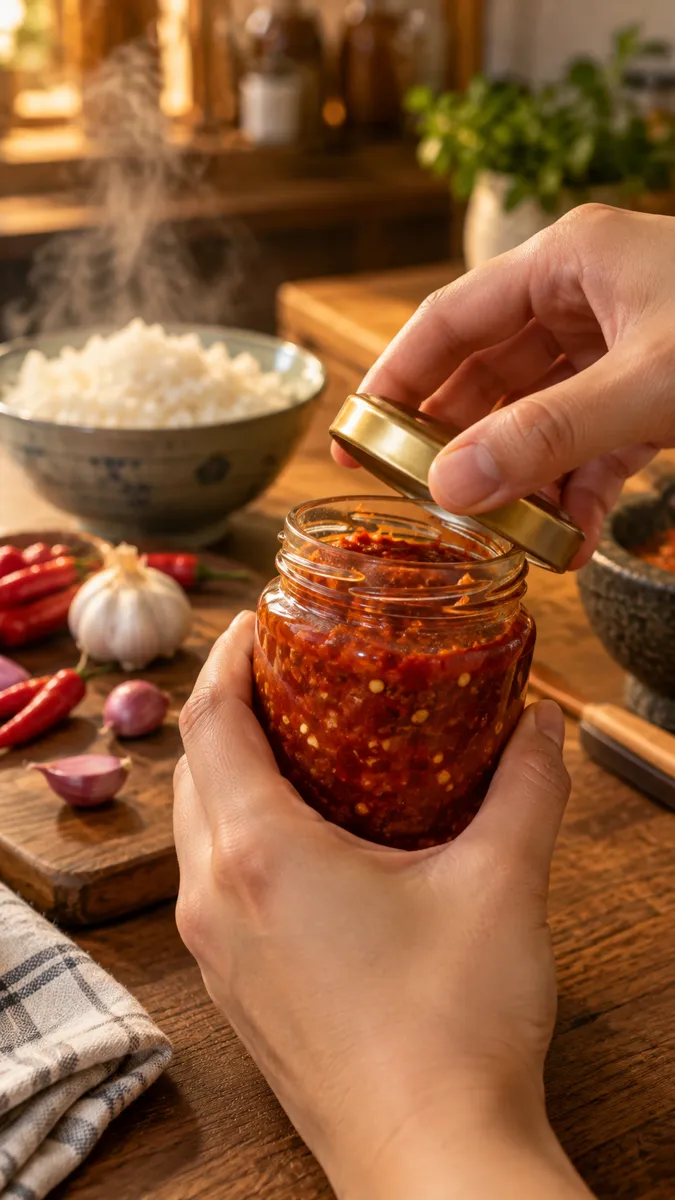 Tangan membuka toples kaca berisi sambal merah, semangkuk nasi putih beruap di latar belakang, cabai dan bawang di talenan kayu