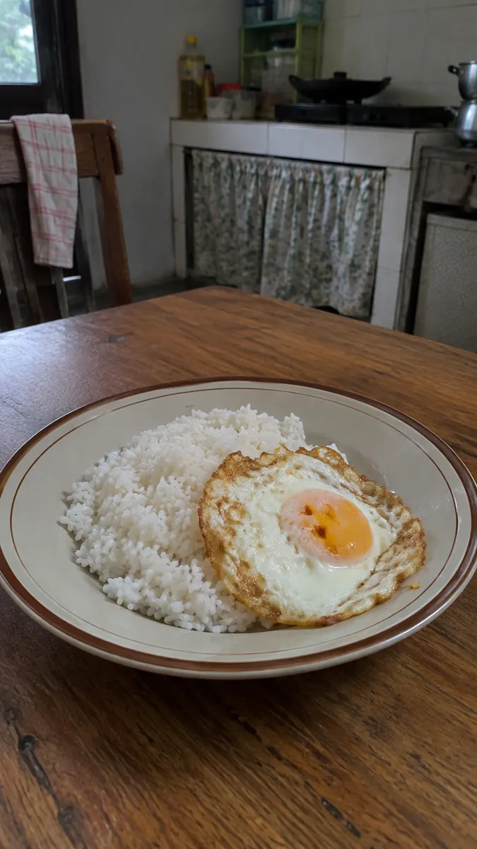 Sepiring nasi putih dengan satu telur ceplok polos di meja kayu, cahaya datar