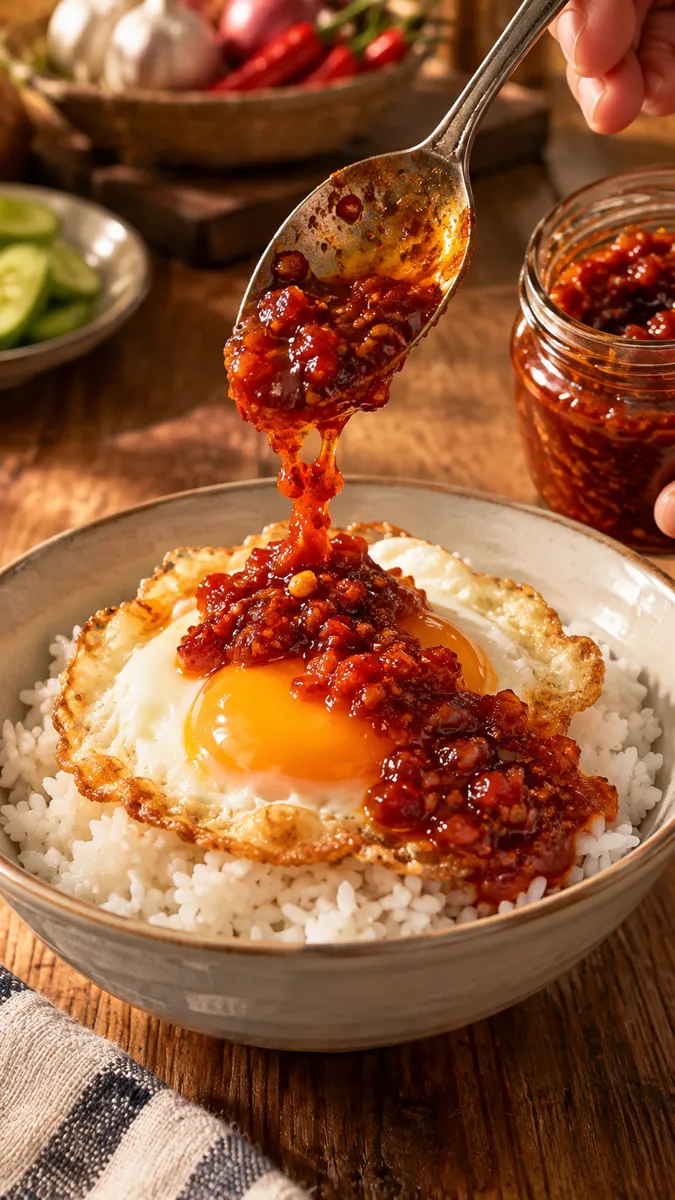 Sendok menuang sambal merah ke atas telur ceplok di atas nasi putih