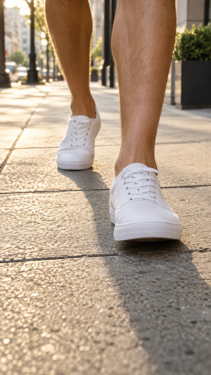 Kaki memakai sepatu kanvas putih polos berjalan di trotoar kota yang terkena sinar matahari pagi