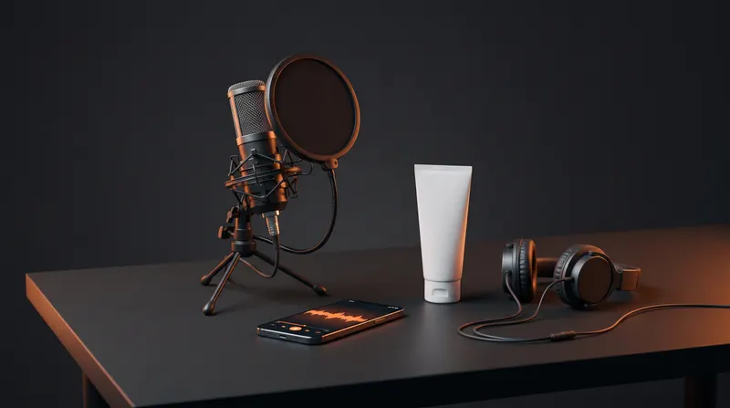 Mikrofon kondensor dengan pop filter di meja gelap, ponsel menampilkan gelombang suara jingga, tabung skincare putih polos dan headphone di dekatnya