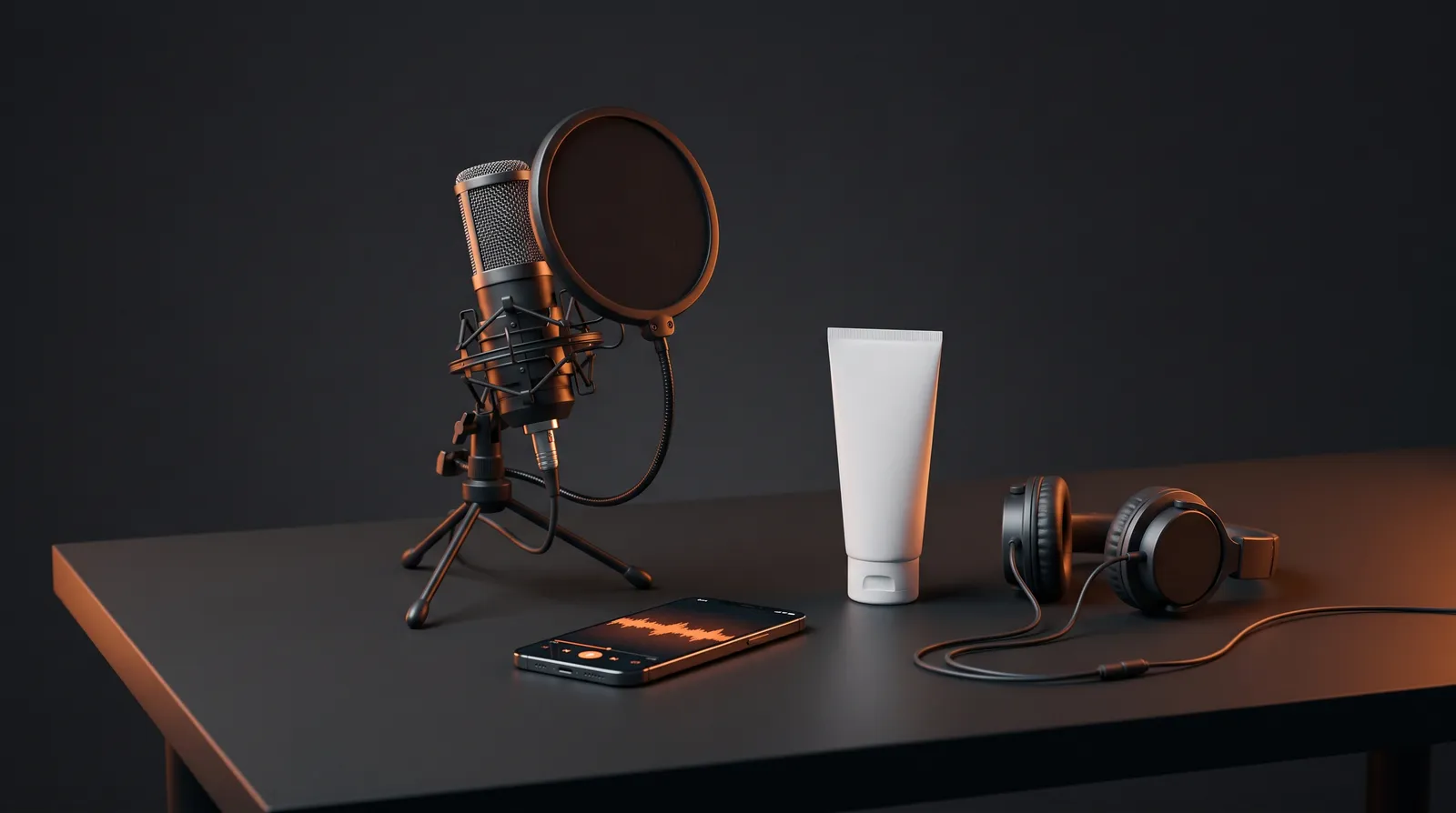 Mikrofon kondensor dengan pop filter di meja gelap, ponsel menampilkan gelombang suara jingga, tabung skincare putih polos dan headphone di dekatnya