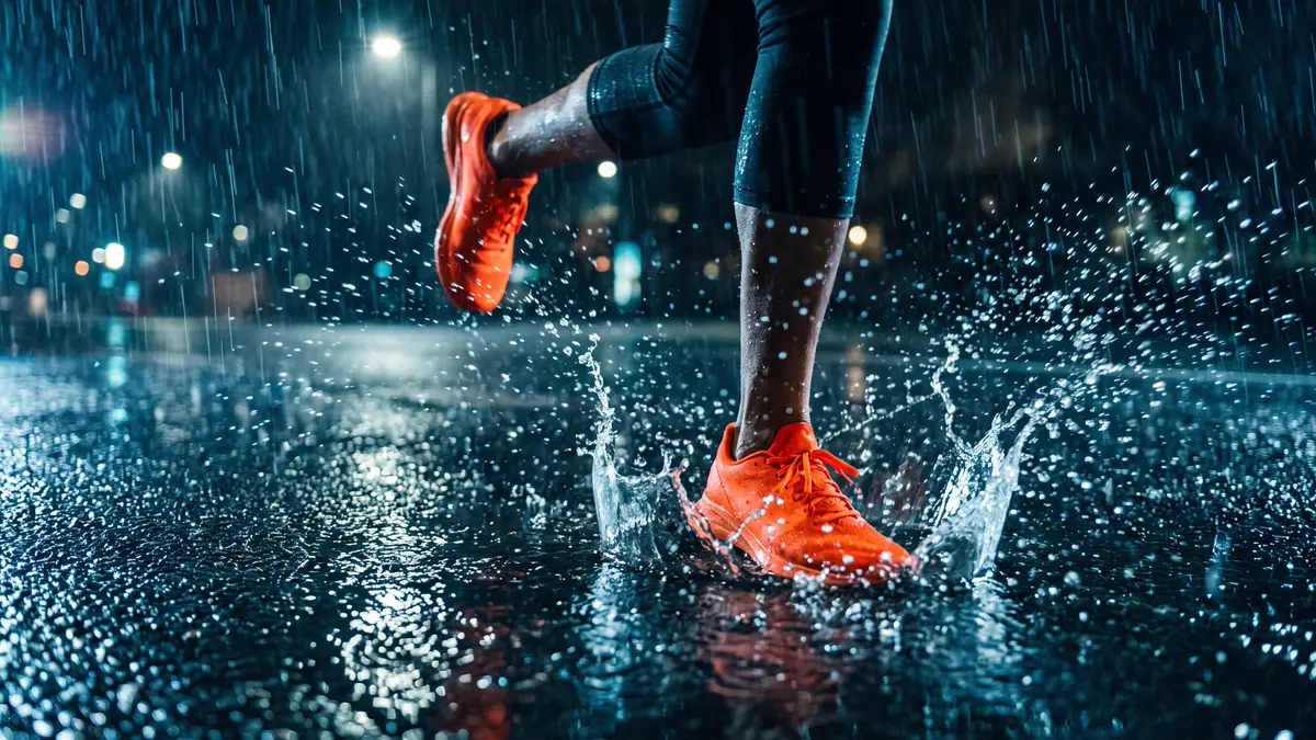 Kaki pelari memakai sepatu lari jingga tanpa merek memercikkan genangan di jalan basah saat hujan malam.