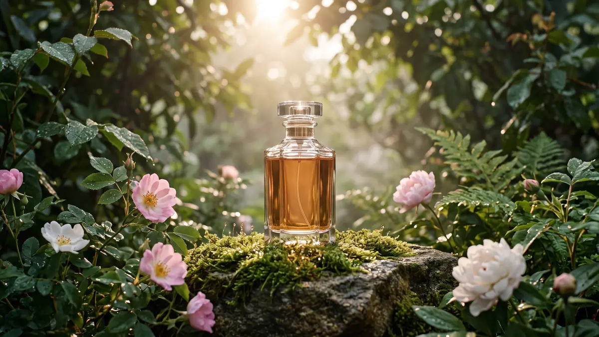 Botol parfum kaca tanpa label berisi cairan amber di atas batu berlumut, dikelilingi bunga merah muda dan putih dengan cahaya matahari pagi.