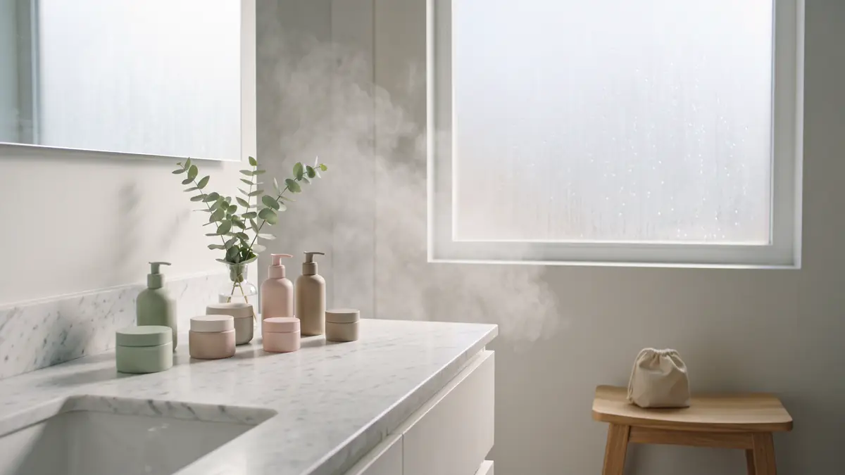 Kamar mandi putih minimalis dengan botol dan toples skincare pastel tanpa label di meja marmer, uap tipis, ranting eukaliptus, dan cahaya dari jendela buram.