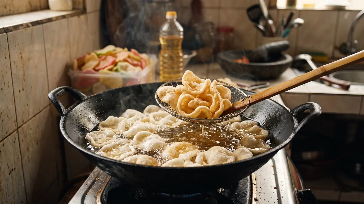 Kerupuk mengembang keemasan digoreng di wajan hitam dapur rumah, saringan kawat mengangkat kerupuk renyah dengan uap tipis.