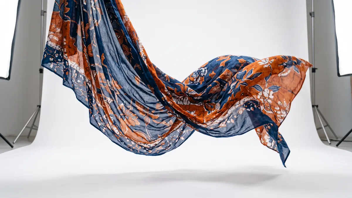 Kain batik bermotif bunga fiktif warna nila dan jingga melayang di studio foto berlatar putih.