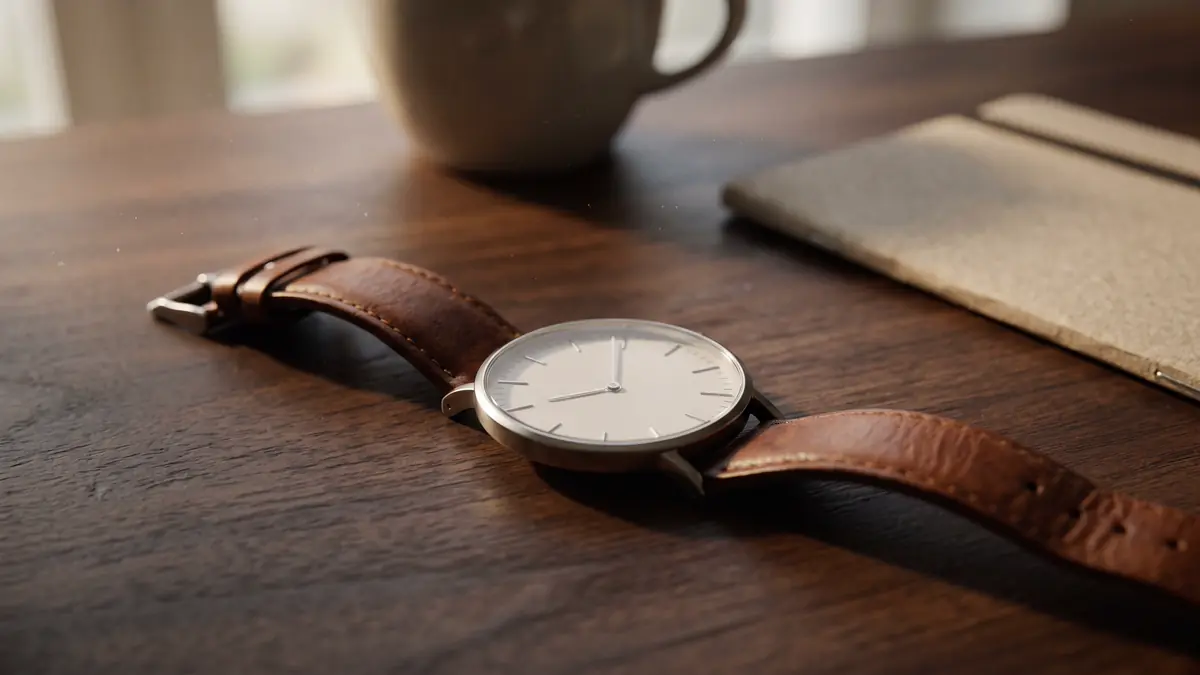 Jam tangan analog berpelat polos dengan tali kulit cokelat di atas meja kayu walnut, cangkir dan buku catatan kabur di latar, cahaya pagi.