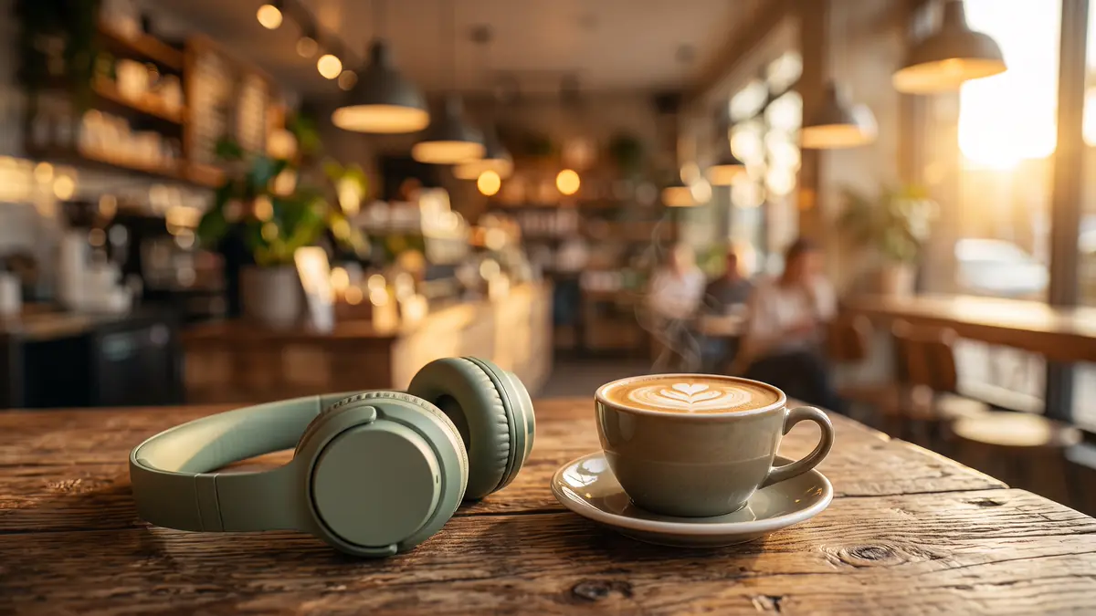 Headphone hijau sage tanpa logo di meja kayu kafe di samping secangkir latte, lampu kafe hangat kabur di belakang.