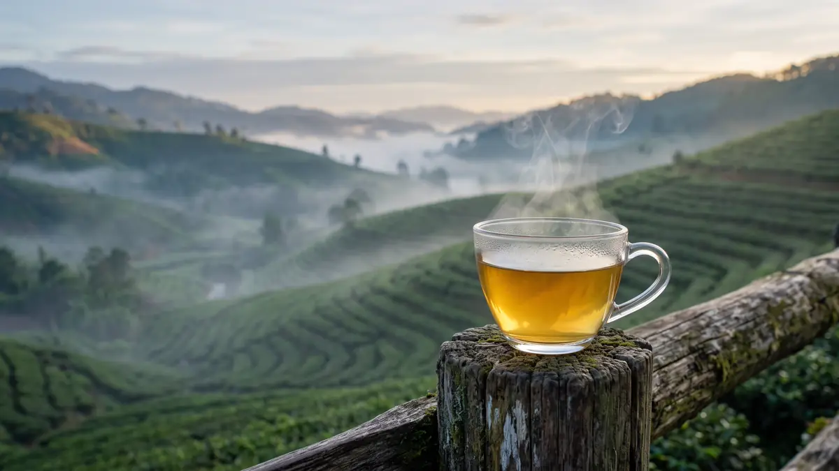 Secangkir teh hangat dalam gelas bening di atas tiang pagar kayu, berlatar terasering kebun teh hijau berkabut saat fajar.