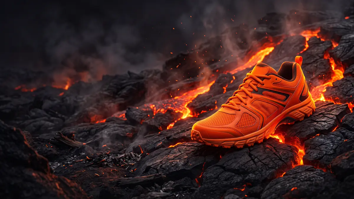 Sepatu lari jingga tanpa merek berdiri di atas batu vulkanik hitam, aliran lava menyala dan asap di sekelilingnya.