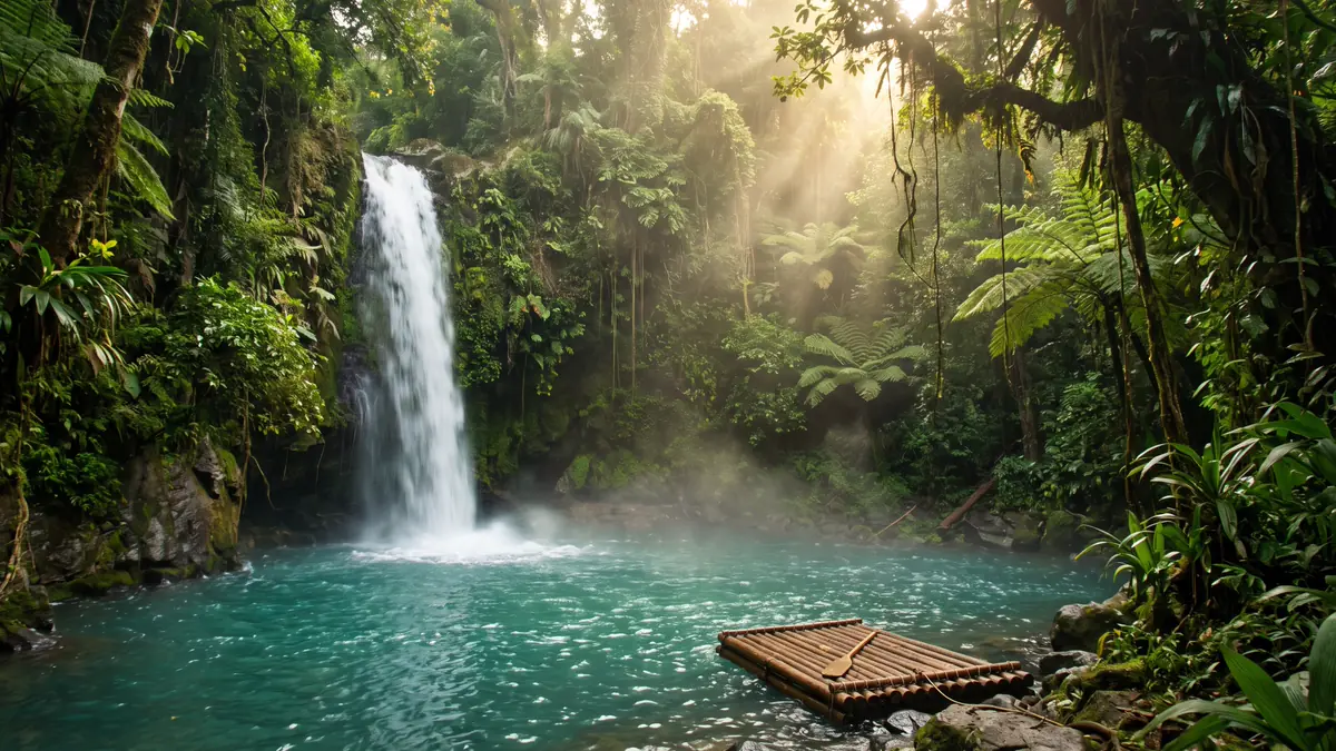 Air terjun di hutan hujan tropis mengalir ke kolam biru toska berkabut, rakit bambu di tepi kolam.