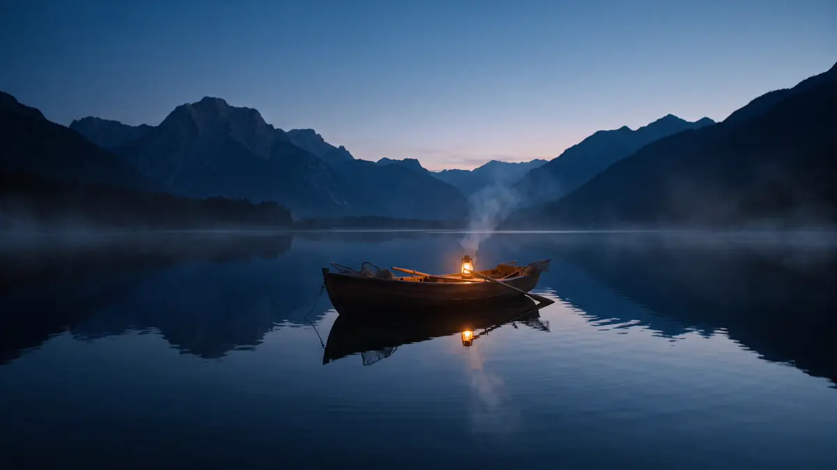 Perahu kayu kecil dengan satu lentera menyala di danau tenang saat blue hour, siluet pegunungan dan pantulan seperti cermin.