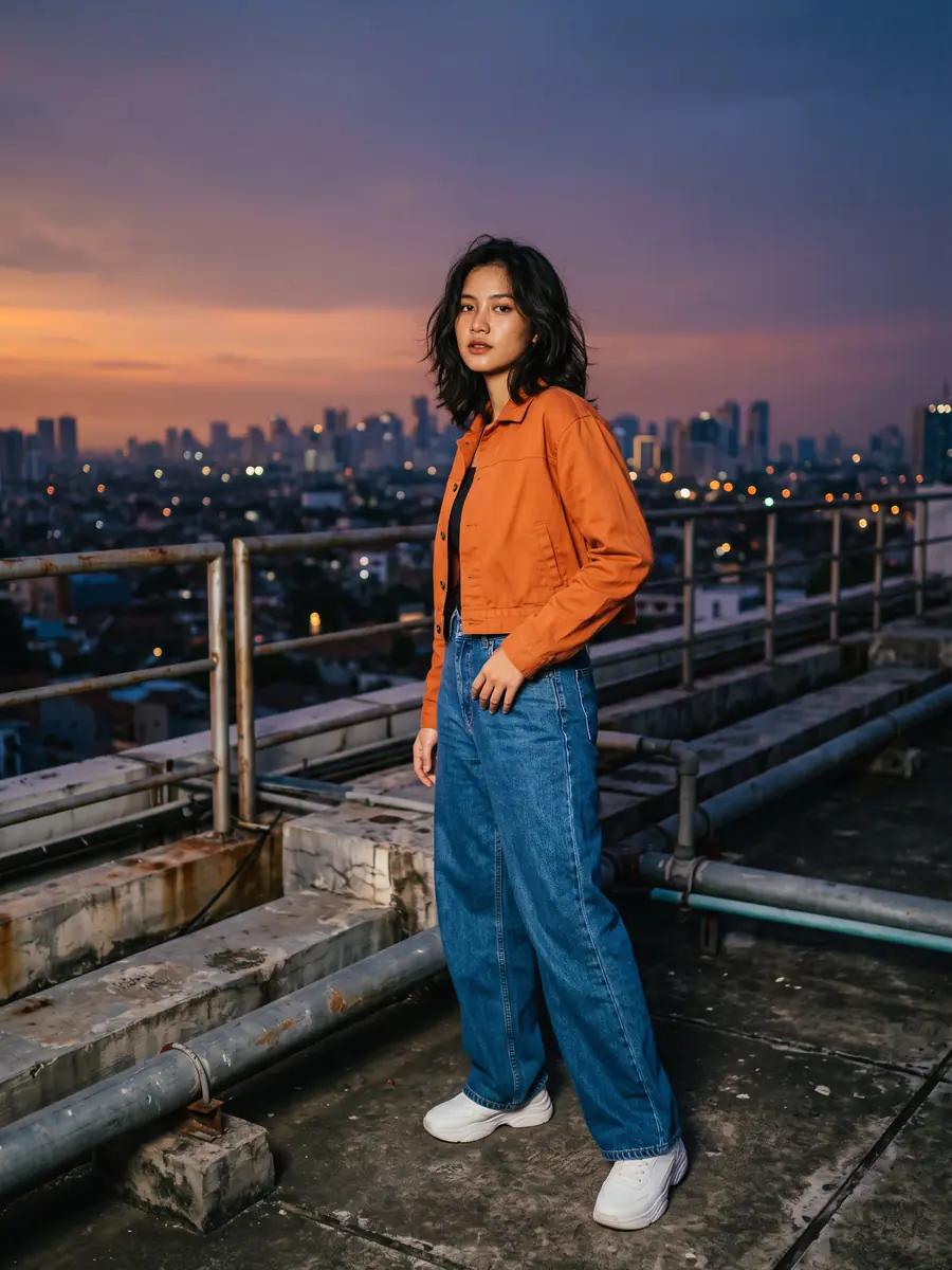 Model fiktif perempuan Indonesia memakai jaket jingga crop, celana denim lebar, dan sneakers putih polos di atap gedung saat senja.