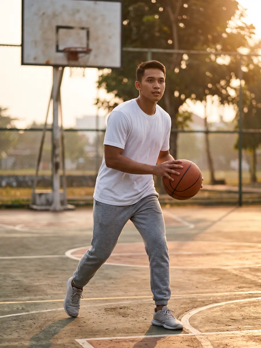 Model fiktif pria Indonesia berkaus putih dan celana jogger abu-abu menggiring bola basket di lapangan terbuka saat golden hour.