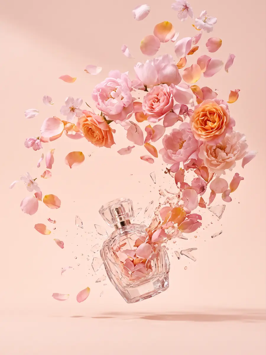 Botol parfum kaca pecah menjadi semburan kelopak bunga merah muda dan jingga yang melayang di latar peach.
