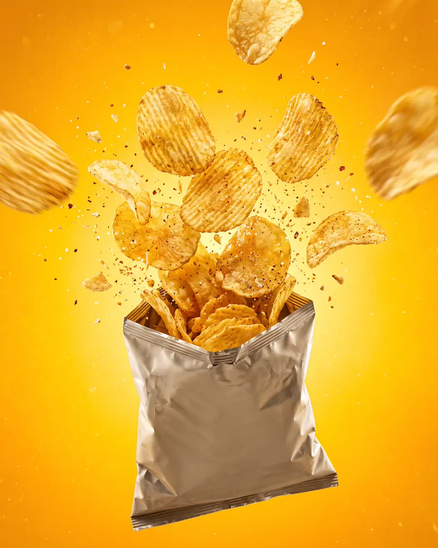 Keripik kentang keemasan meledak keluar dari kemasan foil polos tanpa merek, serpihan bumbu melayang di latar kuning cerah.