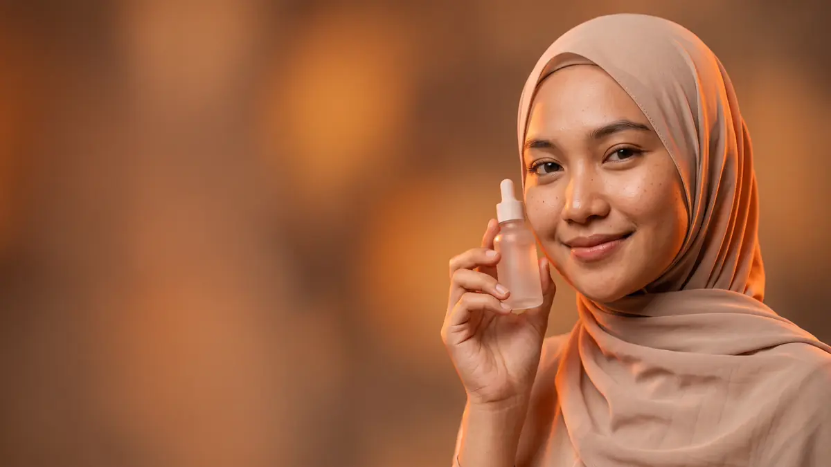 Model virtual fiktif perempuan berhijab krem memegang botol serum kaca buram tanpa merek di dekat pipi, latar studio hangat dengan bokeh jingga.