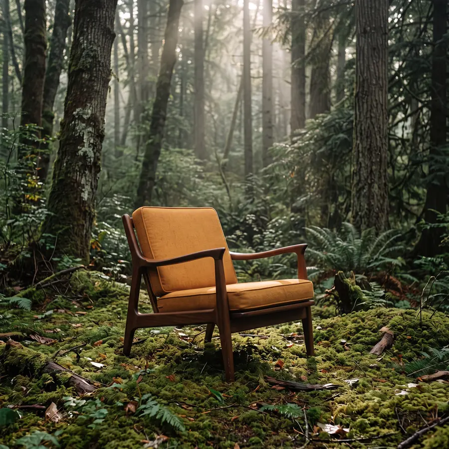 Kursi santai kayu walnut berbantal kuning mustard di atas lantai lumut hutan berkabut dengan sinar matahari di antara pohon tinggi.