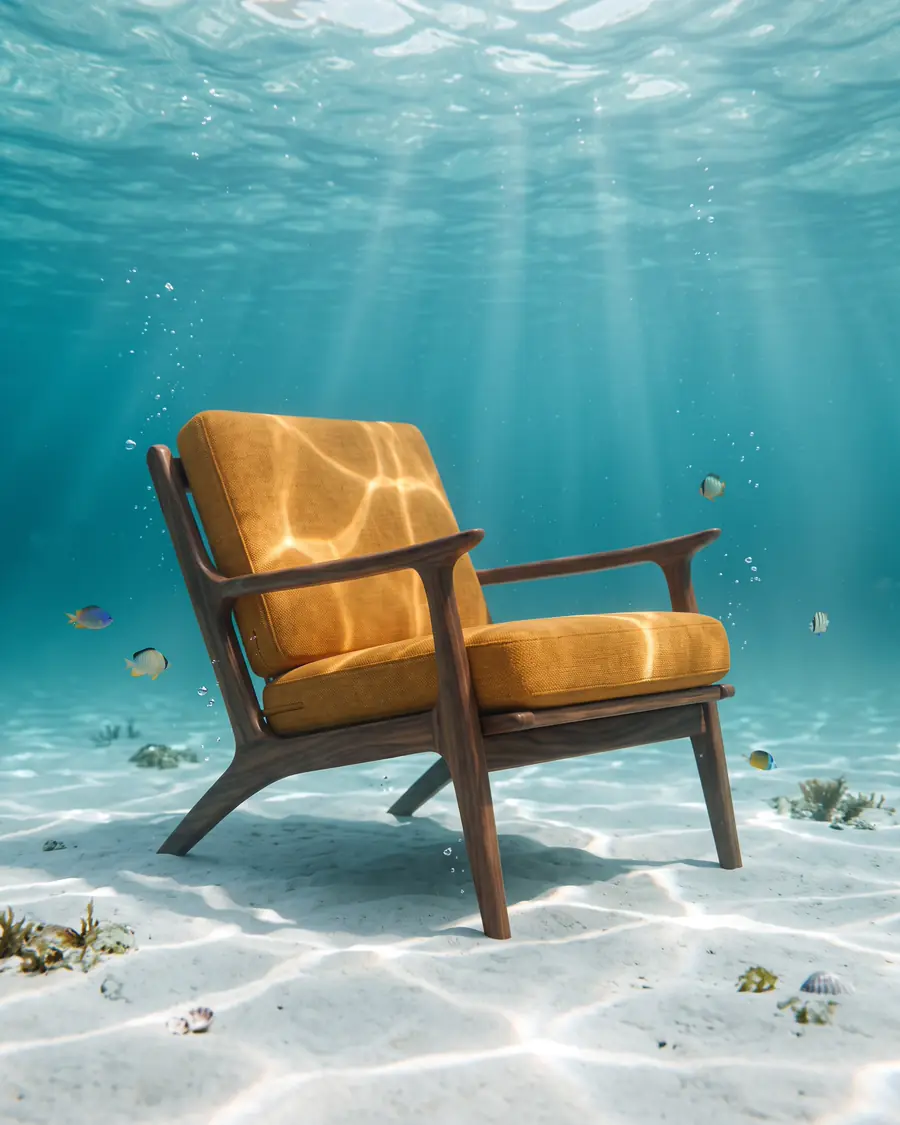 Kursi santai kayu walnut berbantal kuning mustard di dasar laut berpasir putih, sinar matahari menembus air biru toska dan ikan kecil berenang.