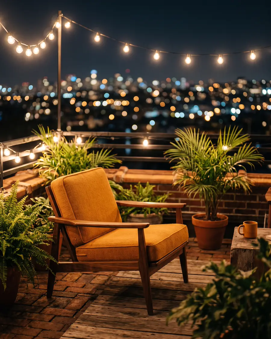 Kursi santai kayu walnut berbantal kuning mustard di teras atap pada malam hari dengan lampu untai hangat, tanaman pot, dan bokeh lampu kota.