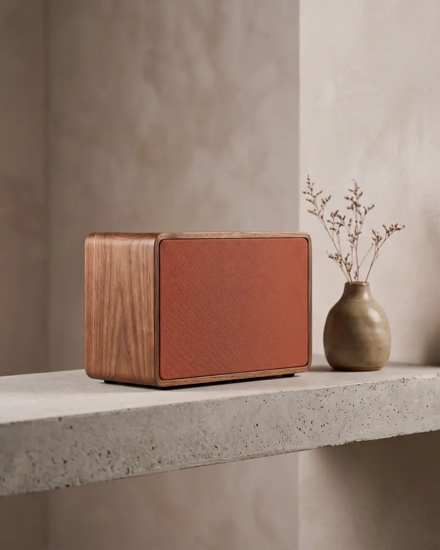 Speaker bluetooth persegi berpanel kayu walnut dan kain terakota tanpa logo di rak beton di samping vas keramik kecil.