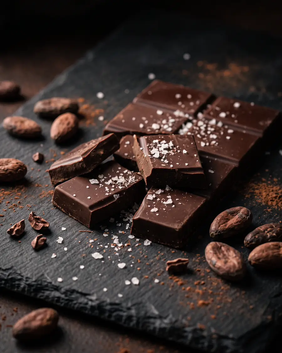 Potongan cokelat hitam dengan taburan garam laut dan biji kakao di atas batu sabak gelap, cahaya sorot dramatis, tanpa bungkus.