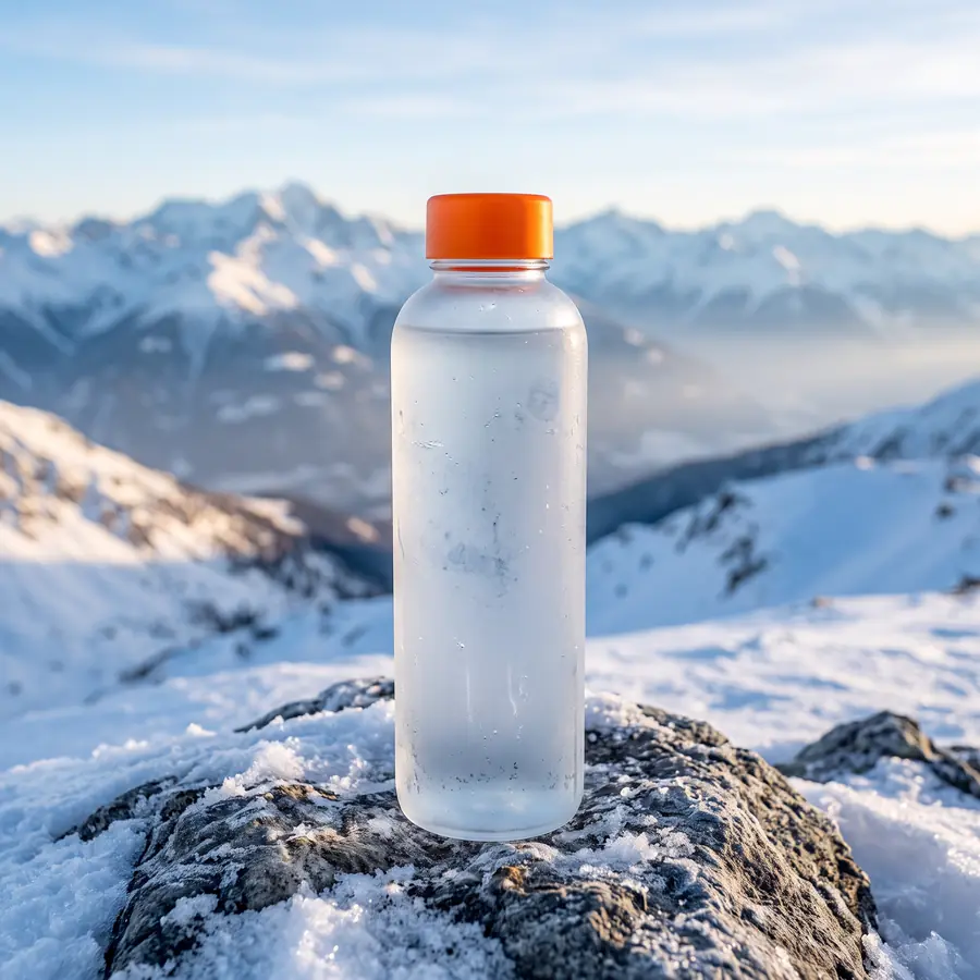 Botol minum kaca buram bertutup jingga tanpa label di atas batu bersalju dengan deretan puncak gunung di kejauhan.