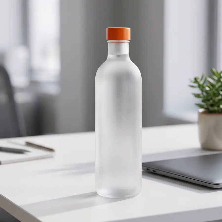 Botol minum kaca buram bertutup jingga tanpa label di meja kantor putih yang rapi, di samping laptop tertutup dan tanaman pot kecil.