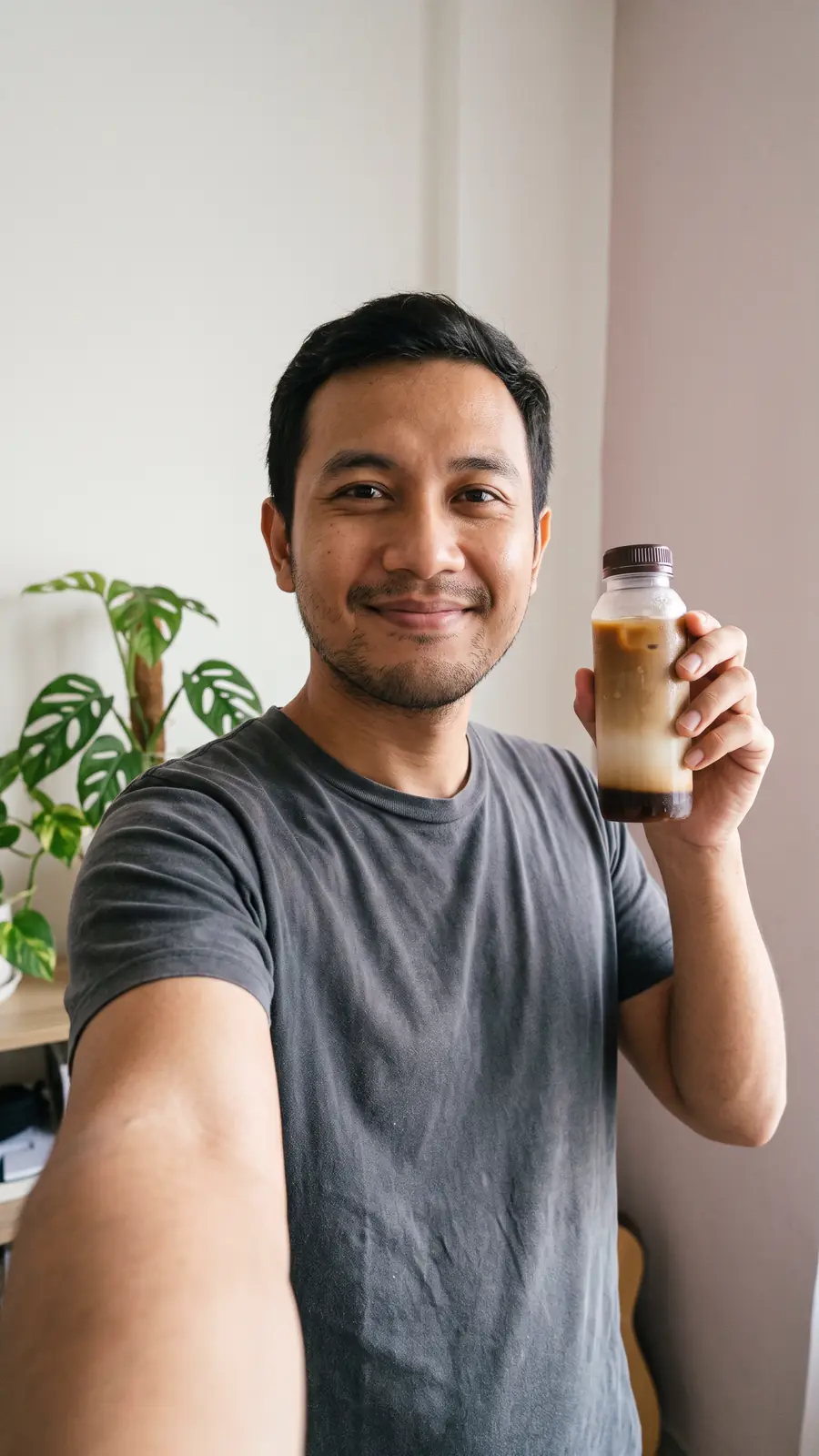 Kreator fiktif pria Indonesia usia 30-an berkaus abu-abu berswafoto di ruang kerja rumah sambil memegang botol kopi susu tanpa label.