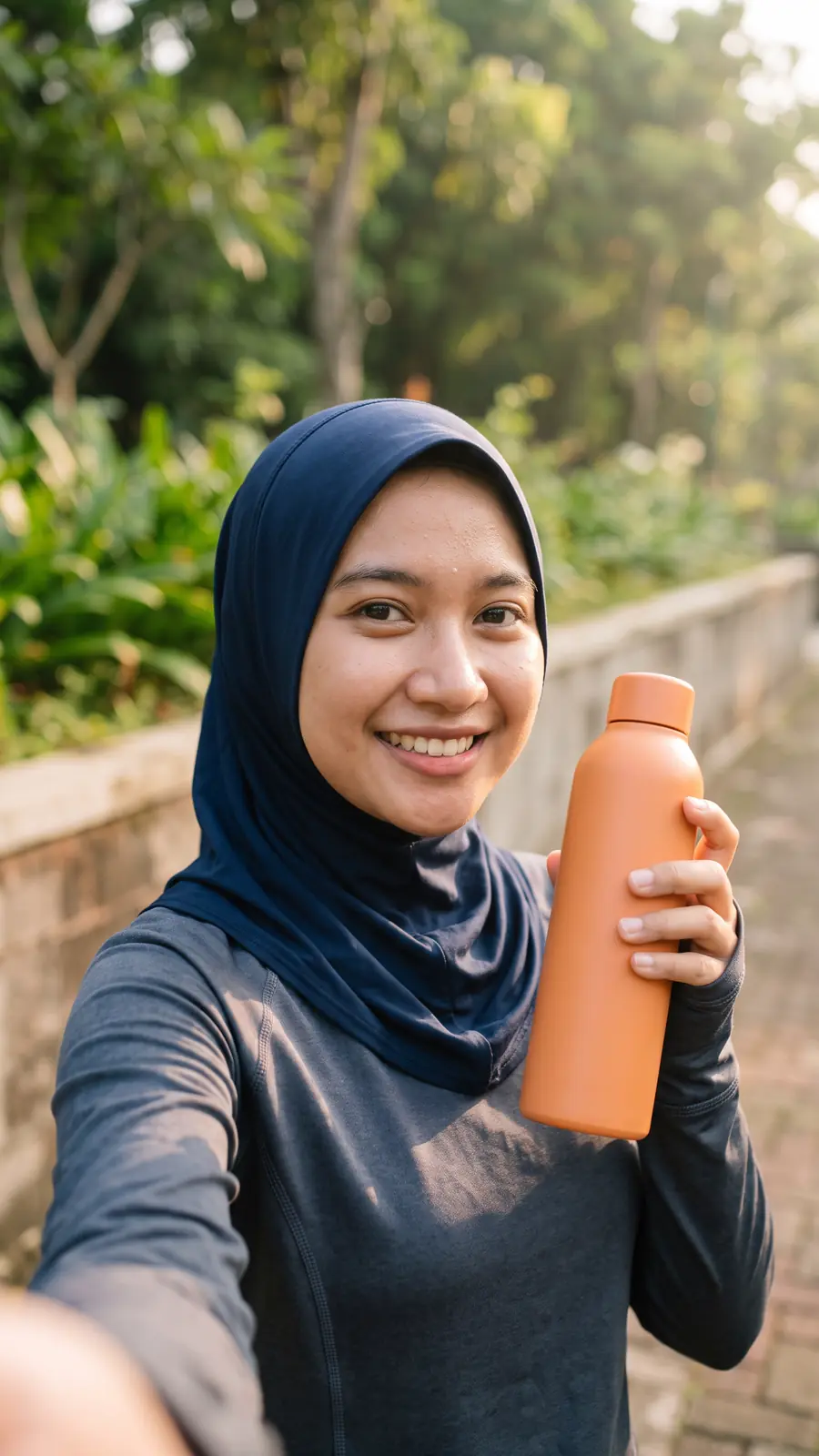 Kreator fiktif perempuan berhijab olahraga berswafoto di taman setelah lari pagi sambil memegang botol minum jingga polos.