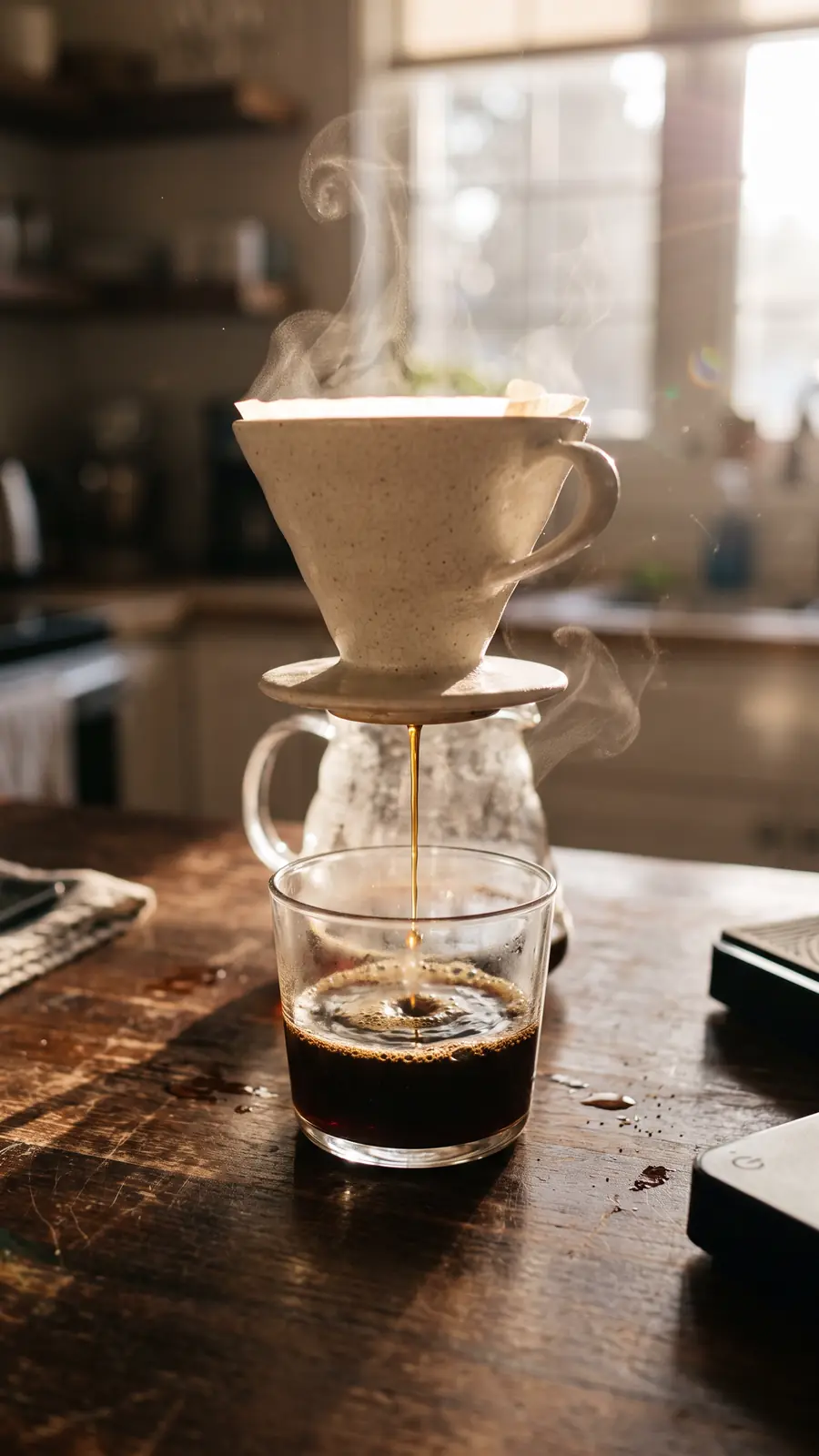 Kopi hitam menetes dari dripper keramik ke gelas bening di meja kayu gelap, uap mengepul dan cahaya pagi dari jendela.