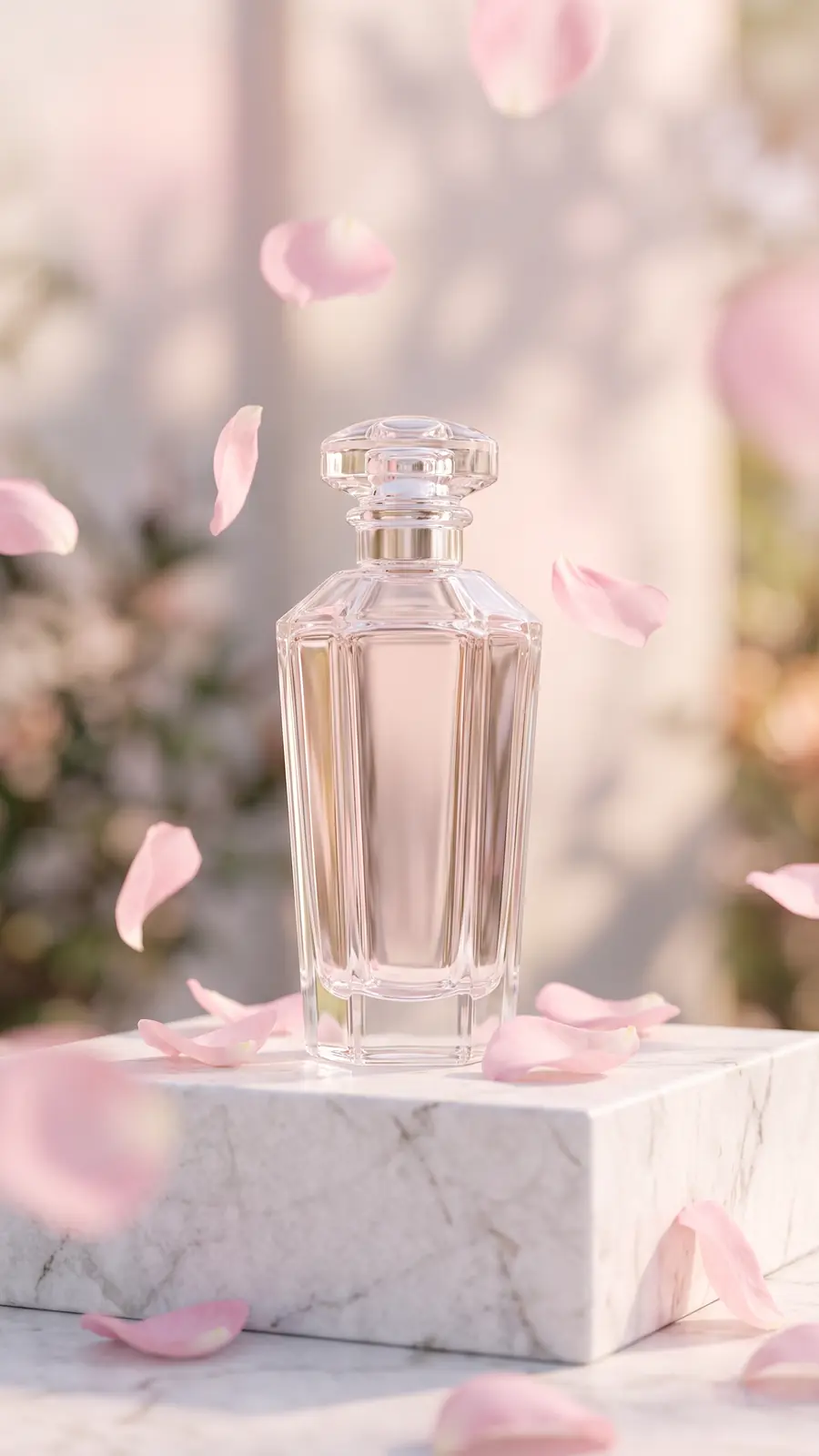 Botol parfum kaca tanpa label di atas alas marmer putih dengan kelopak mawar merah muda berjatuhan, cahaya pastel lembut.